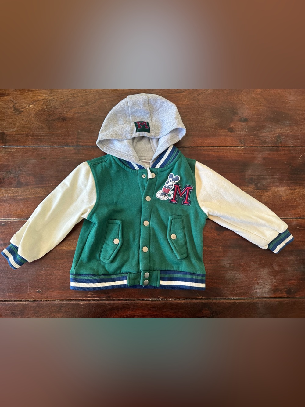 Disney Mickey Mouse Varsity Jacket Kids 3T Green Hooded Letterman Snap Front - Picture 2 of 4